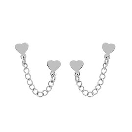 Cute Double Piercing Heart Love Stud With Short Chain Cuff Silver Black Plated Stainless Steel Earrings for Women Girls Cartilage Two Holes Fashion Chic Minimalist Climber Crawler Threader Hypoallergenic Gifts Her Birthday Valentines Day Xmas (silver)