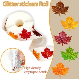 500Pcs Fall Thanksgiving Stickers Roll - Laser Maple Leaf Self-Adhesive Stickers,5 Colors Sparkly Waterproof Decals for Autumn Party Cards Seal Envelopes Supplies Scrapbook Decor