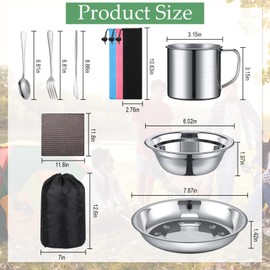 Lallisa Outdoor Camping Cookware Mess Kit Polished Stainless Steel Dishes Camping Utensils Portable Tableware with Plates Cups Spoons Forks Knives Mesh Bag for Backpacking Hiking (4 Person Set)