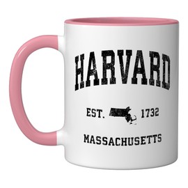 Harvard Massachusetts MA Vintage Athletic Black Sports Desig Ceramic Mug, Pink/White