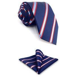 S&W SHLAX&WING Skinny Necktie with Pocket Square Striped Blue Navy with Red Stripes for Suit 6cm Slim