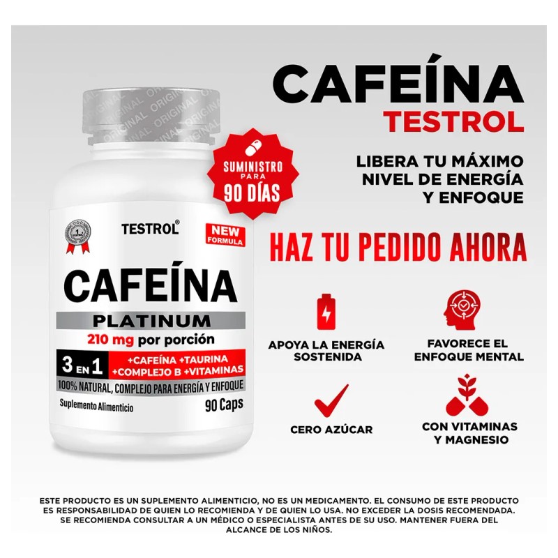 Cafeína 210 Mg | Testrol Platinum | 90 Cápsulas Sin