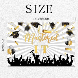 Mastered It Backdrop, Congrats Grad Party Decorations Prom Party Hanging Sign Graduation Ceremony Photography Backdrop for 2025 High School/College 6x4ft - White Gold