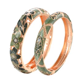 wynameleri Vintage Jewelry Cloisonne Handcrafted Enameled Flower Gorgeous Rhinestone Gold Hinged Cuff Bracelet Bangles Gifts 88A11-55A128 Green