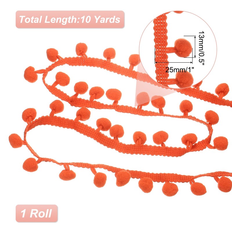 sourcing map 10 Yards Pom Pom Trim Ribbon, 1" Wide