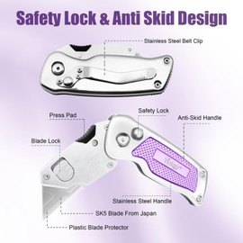 Vickay Box Cutter, Utility Knife with Belt Clip, Stainless Steel Body Handle, Quick-change Blade and Safety Axis Lock, Razor Knife, Cardboard Cutter with Extra 5PC SK5 Blades (Purple)