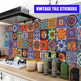 24Pcs Tile Stickers 7.87x7.87 Inch Bohemian Style Tile Stickers Peel and Stick Tile Stickers Detachable DIY Wall Decals, Tile Wallpaper for Kitchen Bathroom Backsplash Wall Furniture Staircase (8x8in)
