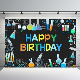 AIBIIN 7x5ft Chemical Science Birthday Theme Backdrop Mad Science Happy Birthday Photography Background Fun Scientist Children Boys Girls Physical and Chemical Experiments Party Decorations Banner