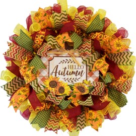 Hello Autumn Wreath – Fall Sunflower Front Door Decoration – Thanksgiving Porch Decor – 24 Inch