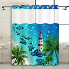 Mowxune No Hook Beach Shower Curtain with Snap in Liner Set - Tropical Coastal Lighthouse Design in Summer Blue, Nautical Bathroom Decor, 71 x 74 Inch