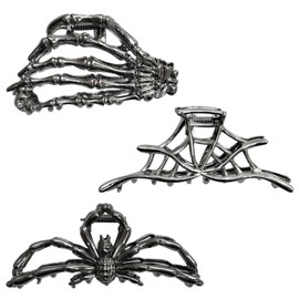 Pack of 3 Women's Silver Hair Clips with Gothic Skull Spider Design, Hair Accessories, Dark Fashion for Everyday Use and Seasonal Styles