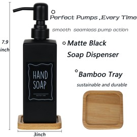 LuHeToz 16OZ Modern soap Dispenser Set with Bamboo Tray and Stainless Steel Pump and Four Waterproof Labels. Luxury Soap Bottle for Kitchen,Bathroom. (1, Black)