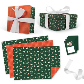 Itsy Belle Studio Dog Christmas Wrapping Paper Set, Double sided sheets with Dog theme and Plaid Patterns, 6 holiday Gift Tags, 19.5 ft white Ribbon