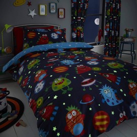 Happy Linen Company Kids Boys Girls Space Monsters Planets Glow In The Dark Blue Reversible Toddler Cot Bed Bedding Duvet Cover Set