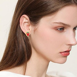Fruit Stud Earrings for Women Dainty Tiny Fruit Stud Earrings Unique Avocado Earrings Cute Lifelike Orange Pineapple Funny Mangosteen Earrings Summer Fruits Jewelry Gifts (Gold strawberry)