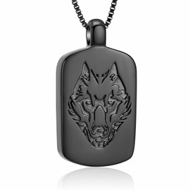 XSMZB Viking Wolf Head Urn Necklace for Ashes for Men Memorial Pendant for Ashes of Loved One Dog Tag Cremation Jewelry Keepsake Gift(Black)