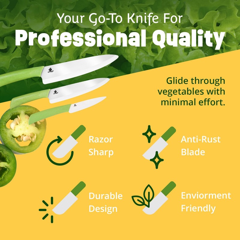 Ceramic Knife Set with Ergonomic Handle, Non-Reactive and Professional Chopping