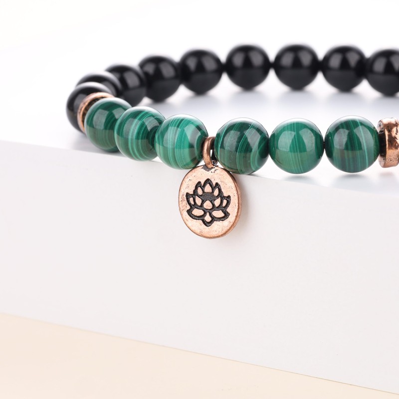 COAI Yoga Bracelet with Lotus Flower Charm, Schorl Malachite, malachite