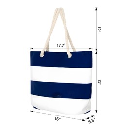 TOPTIE Women Striped Canvas Tote Shoulder Beach Bag with Inner Zipper Pocket and Rope Handle for Travel, Shopping-Blue/White