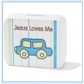 Dicksons Jesus Loves Me Baby Boy Bank - Blue Car - Baby Shower Gift Ceramic