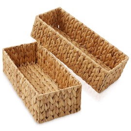 Casafield Set of 2 Bathroom Storage Baskets, Natural - Water Hyacinth, 16" W x 6.75" D x 4.25" H, Woven Toilet Tank Topper Bins for Organizing Tissues, Toilet Paper, Toiletries, Shelves