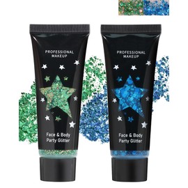 2 Pcs Body Glitter Gel, Blue Green Face & Hair Glitter Gel, Sequins Shimmer Liquid Eyeshadow, Chunky Laser Flash Powder Cosmetic, Singer Concerts Festival Rave Accessories, Mermaid Glitter Face Paint