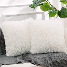 NordECO HOME Luxury Soft Faux Fur Fleece Cushion Cover Pillowcase Decorative Throw Pillows Covers, No Pillow Insert, 18" x 18" Inch, White, 2 Pack