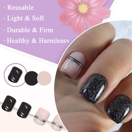 Pack of 24 False Nails Black Lines Press On Nails Square Short French Artificial Nails Full Cover Artificial Nails for Gluing Natural Acrylic Fingernails Fake Nails for Women and Girls
