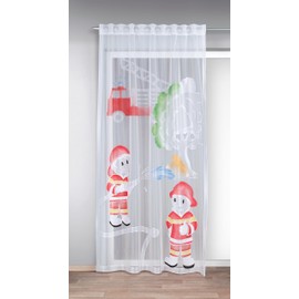 KAMACA Curtain with Concealed Loops and Curtain Tape for Children's Room Voile White Transparent Ready-Made Curtain with Wonderful Motif Children's Curtain H x W 245 x 140 cm (Fire Brigade)