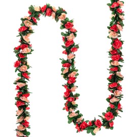 MWOOT 4PCS 8.2FT Artificial Rose Vines, Silk Faux Flowers Garland, Fake Hanging Rose Garlands for DIY Wedding Arch Wall Party Home Outdoor Garden Table Decoration(Pink)