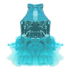 JEATHA Kids Girls Sleeveless Mock Neck Shiny Sequins Mesh Splice Leotard Ballet Jazz Latin Dance Costumes Light Blue 4-5