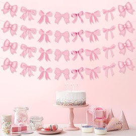 4 Pcs Pink Bow Garland Banner, Bow Party Decorations for Girls Women Coquette Birthday Baby Showers Pink Themed Party Supplies