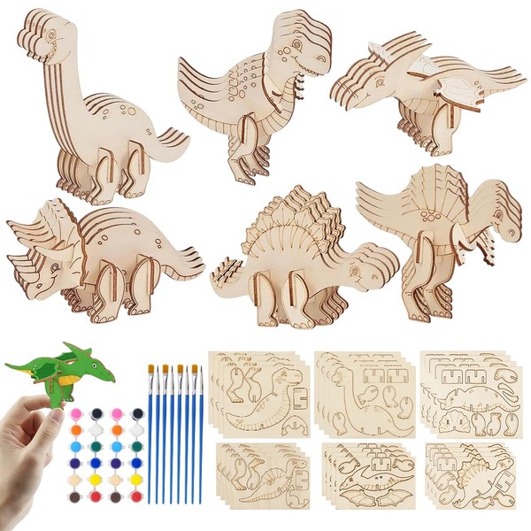 Palwin Pack of 24 Dinosaur Wooden Craft Set, Wooden Craft Sets for Children, Craft Set Children for Children for Boys Girls Birthday, Travelling Memorial, Party & Gathering