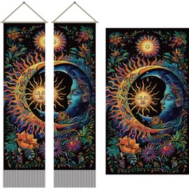 AHANDMAKER 2Pcs Sun and Moon Tapestry, Psychedelic Mystic Floral Long Vertical Tapestry Wall Hanging, Vintage Plant Tassel Wall Tapestry Mystic Aesthetic Tapestry for Bedroom and Living Room(45.7x13)