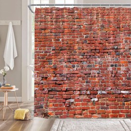 YNFUQANLN Retro Brick Wall Shower Curtain Rustic Red Brown Stone Brick Wall Vintage Western Country Style Modern Geometric Fabric Bathroom Decor Curtain with Hooks
