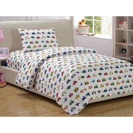 Mk Home 3pc Twin Size Sheet Set Police Cars Construction Trucks Airplane Blue Red Yellow Green Black New
