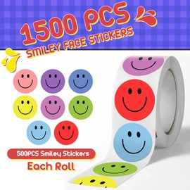 1500Pcs Smiley Face Stickers Cute Stickers for Kids Happy Face Stickers 3 Rolls Small Reward Stickers for Kids Teachers Students Classroom (8 Colors)