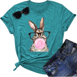Happy Easter Cute Women's Cotton Sleeveless T-Shirts with Easter Bunny & Egg GraphicsColor: Cyan1-bunny glasses, Size: M