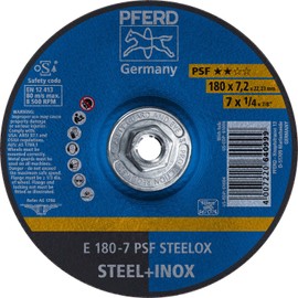 PFERD 61006 7" x 1/4" Grinding Wheel, 5/8-11 Thd. A 24 L PSF-INOX - Type 27 (10 Pack)
