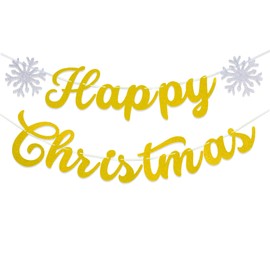 Gidobo Happy Christmas Banner, Gold Glittery Merry Christmas Banner Bunting with Snowflakes for Winter Chrsitmas Eve Party Holiday Wonderland Window Ceiling Home Decorations