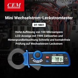 CEM DT-9810 AC Leak Current Meter Clamp Meter - High Resolution 100μA Mini Leakage Current Meter Digital Clamp Multimeter Analyzer with Data Hold Function & Automatic Shut-Off