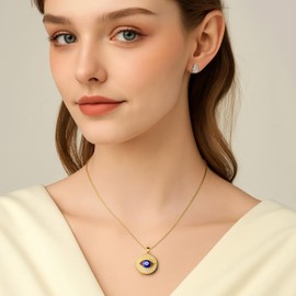 Crystal Evil Eyes Pendant Necklace, 18K Gold Plated Chain For Women, CZ Diamond Accents (round evil eyes, Gold)