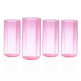 Godinger Highball Glass, Tall Glass, Drinking Glass, Drinking Cup for Juice, Water & Cocktails, Pink Glasses, Set of 4, Hexagon Shape, 11oz