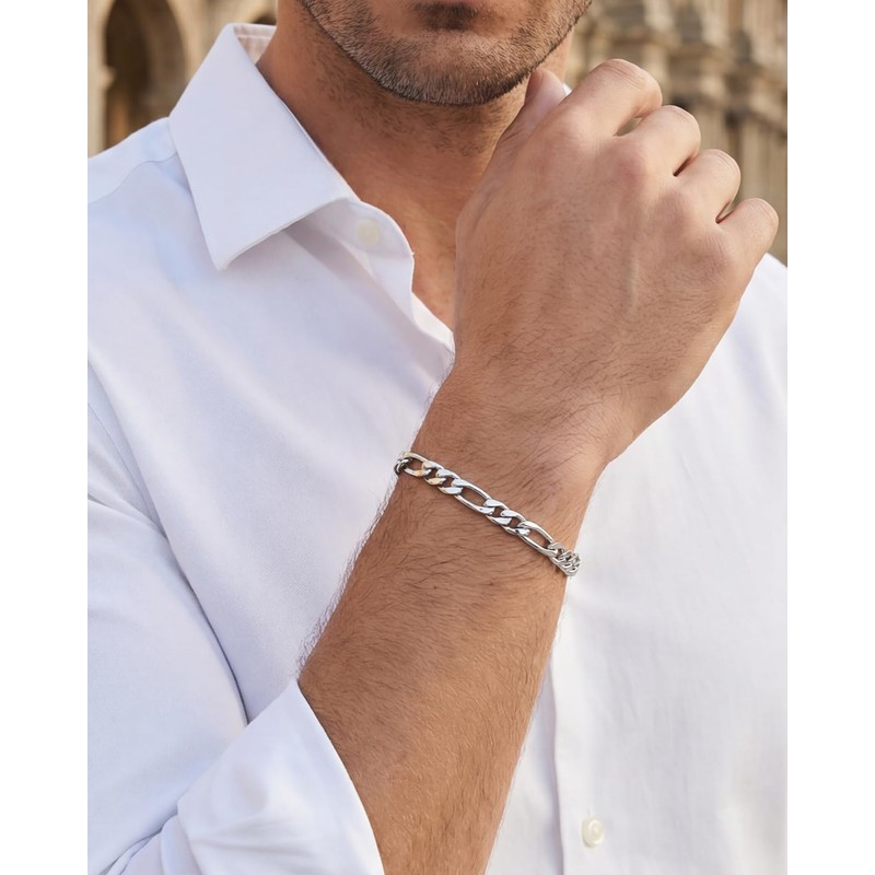 LuxGoth Stainless Steel Figaro Link Chain Bracelet Diamond-Cut Figaro Chain