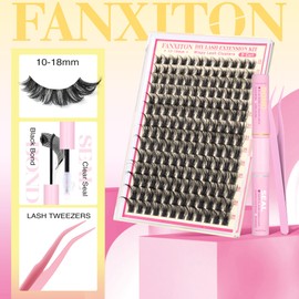 FANXITON FANXITON Lash Clusters Kit Wispy Clusters Eyelash Extensions Natural Lash Extension Kit 168 Pcs 10-18mm Individual Lashes Thin Band Cluster Lashes with Waterproof Lash Bond and Seal Tweezers