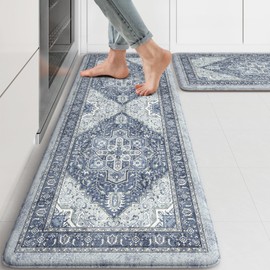 KIMODE Anti Fatigue Kitchen Mat, Cushioned Kitchen Mats for Floor 2 Piece, Boho Vintage Kitchen Rugs, Comfort Foam Standing Desk Mat for Laundry, Office, Sink Navy Blue 17"x47"+17"x29"