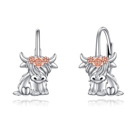 VONALA Highland Cow Earrings 925 Sterling Silver Rose Gold Flowers Earrings Cute Animal Dangle Drop Stud Leverback Jewelry for Women Teen (Highland cow Leverback)