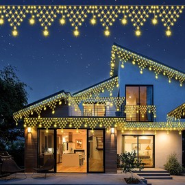Opard Mesh Christmas Lighting 4.2 m 11 Drops with 8 Light Modes Timer and Memory Function, Christmas Icicle Fairy Lights with Plug for Christmas Decoration Outdoor Indoor Roof Eaves Party