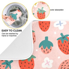 Pink Strawberry Dish Drying Mat for Kitchen Fruits Flowers Microfiber Drying Mats Absorbent Reversible Dish Pad Medium Dish Draining Mat 18x24 inch