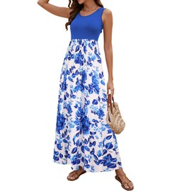 Sherosa Women's Casual Summer Maxi Dresses Sleeveless Bohemian Floral Sundress(Boho Blue Floral,Large)
